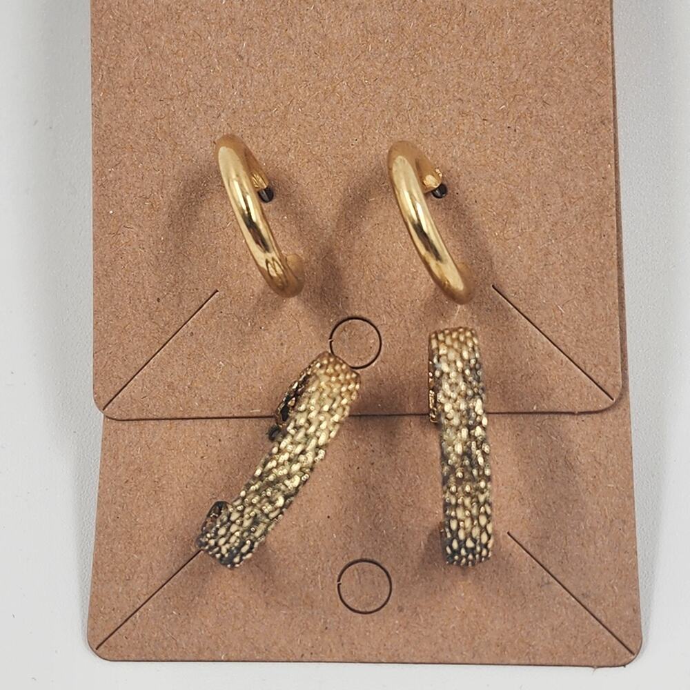 Gold Tone Hoop Earrings 2 Pairs Rope Chain & Shiny Round Butterfly Closure VTG